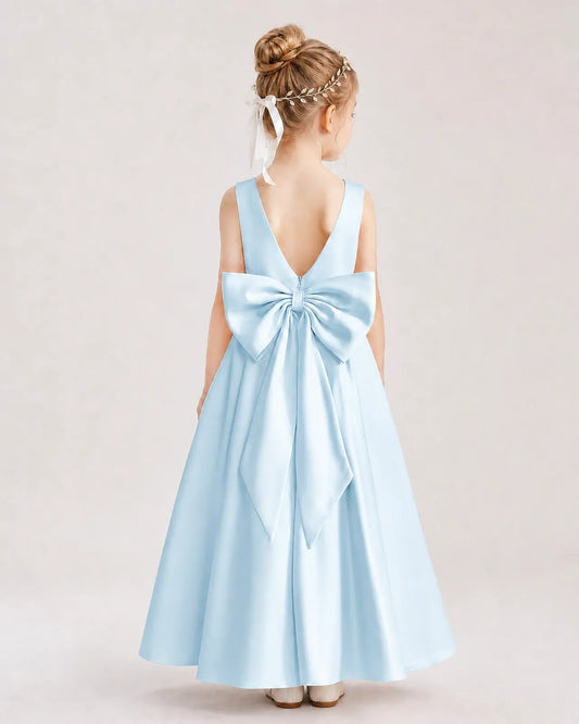 Dideyttawl Satin Flower Girl Dress with Oversized Statement Bow