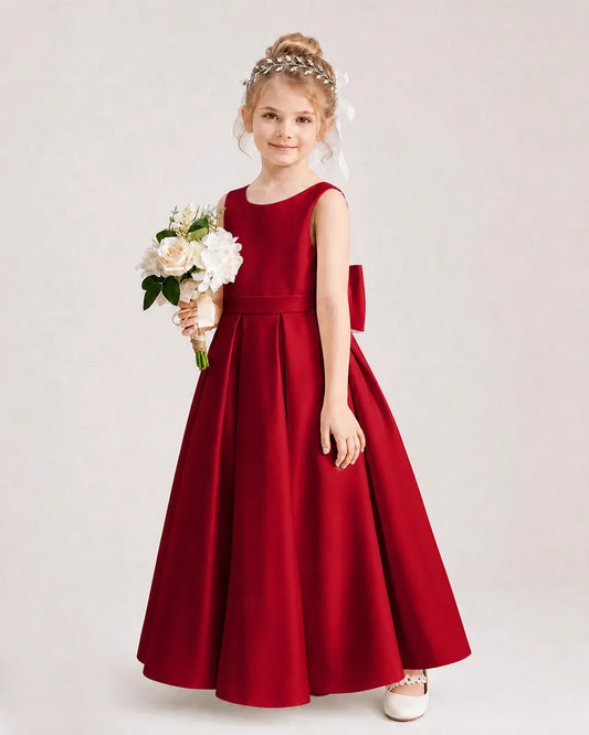 Burgundy Satin Pleated A-Line Flower Girl Dresses Side View