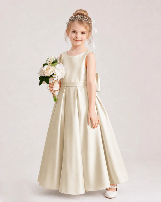 Champagne Satin A-Line Flower Girl Dresses Side View