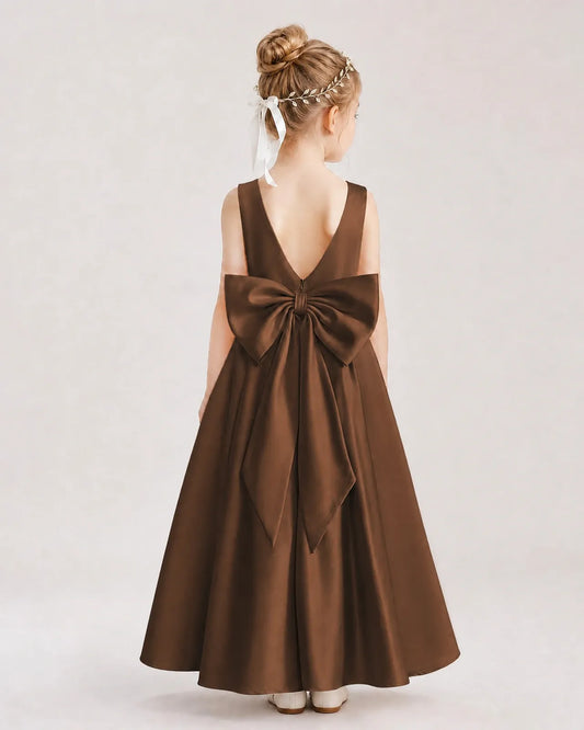 Chocolate satin V-back bow flower girl dress Back View