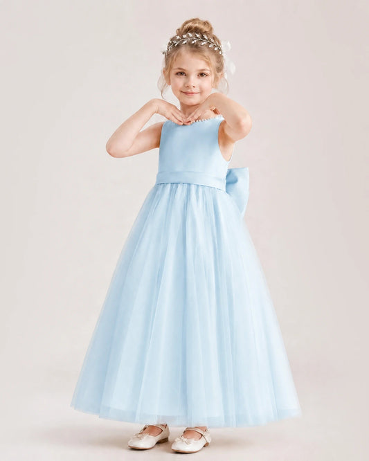 Dideyttawl Tulle Flower Girl Dress with V-Back and Satin Bow