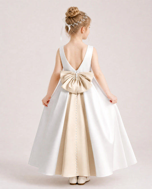 Champagne Satin A-line Flower Girl Dress Back View