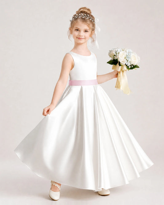 Pink Satin A-line Flower Girl Dress Front View