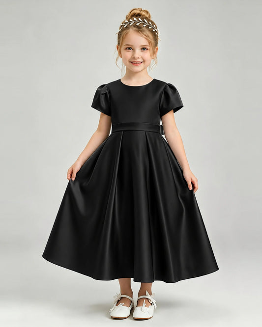 Black Satin A-line Flower Girl Dress Front View