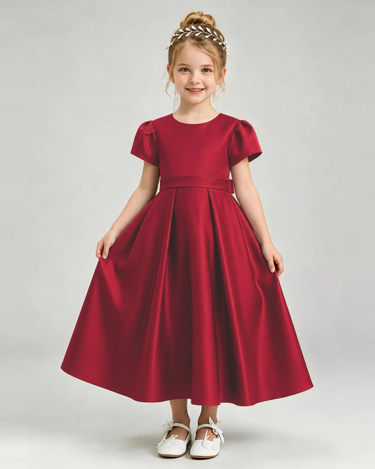 Burgundy Satin A-line Flower Girl Dress Front View