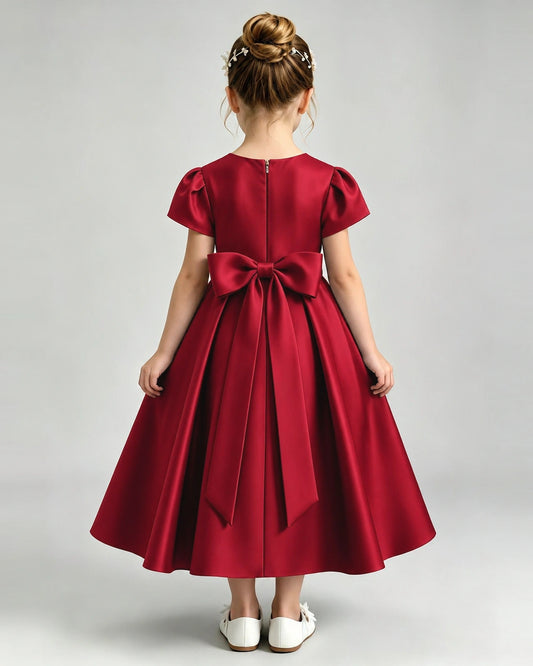 Burgundy Satin A-line Flower Girl Dress Back View