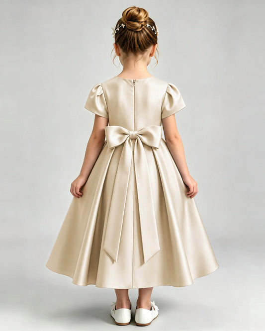 Champagne Satin A-line Flower Girl Dress Back View