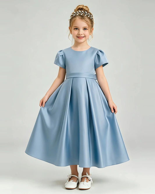 Dusty Blue Satin A-line Flower Girl Dress Front View