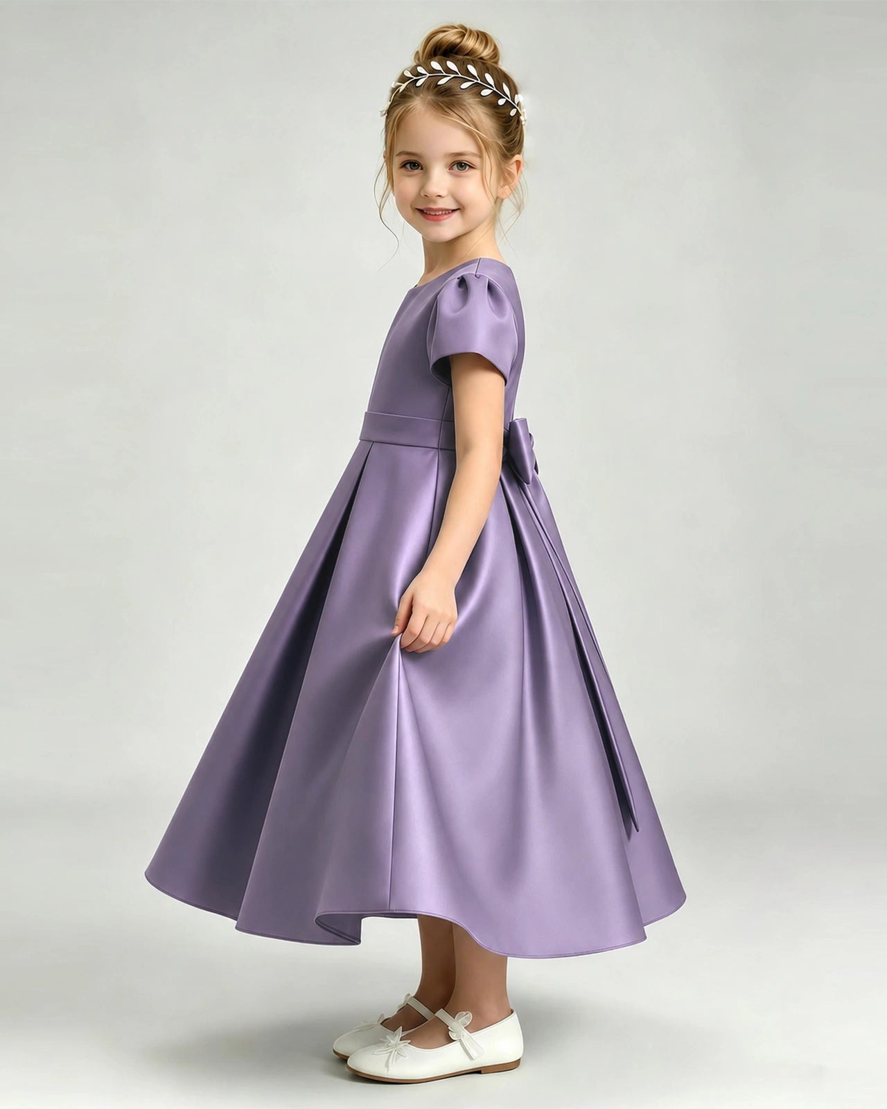 Wisteria Flower Girl Dress Puff Sleeve Satin Bow A-Line Midi Gown Side View