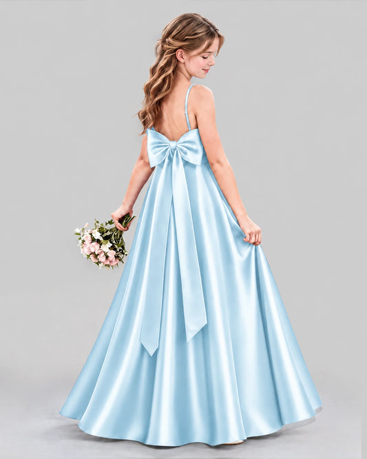 Baby Blue Satin A-line Girls Formal Dress Back View