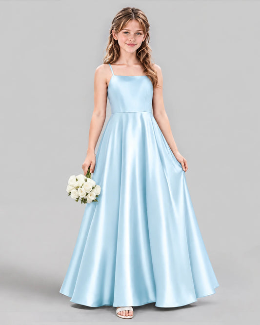 Baby Blue Satin A-line Girls Formal Dress Front View