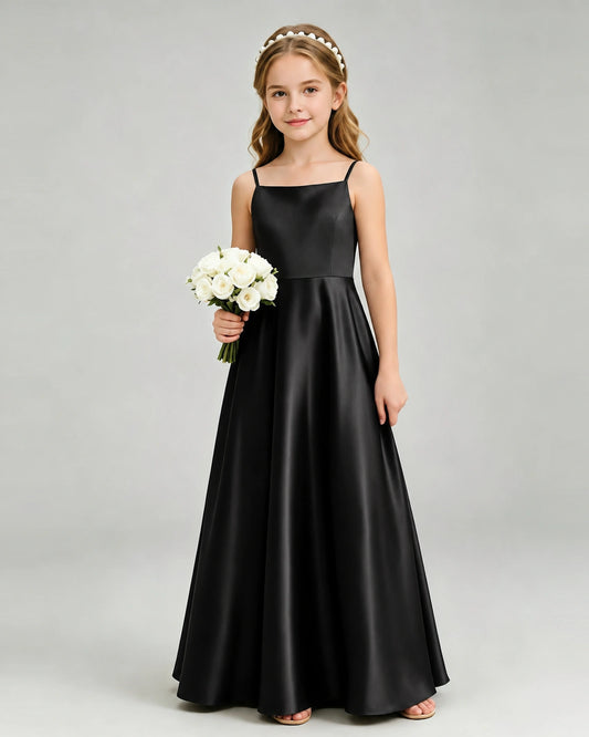 Black Satin A-line Girls Formal Dress Front View