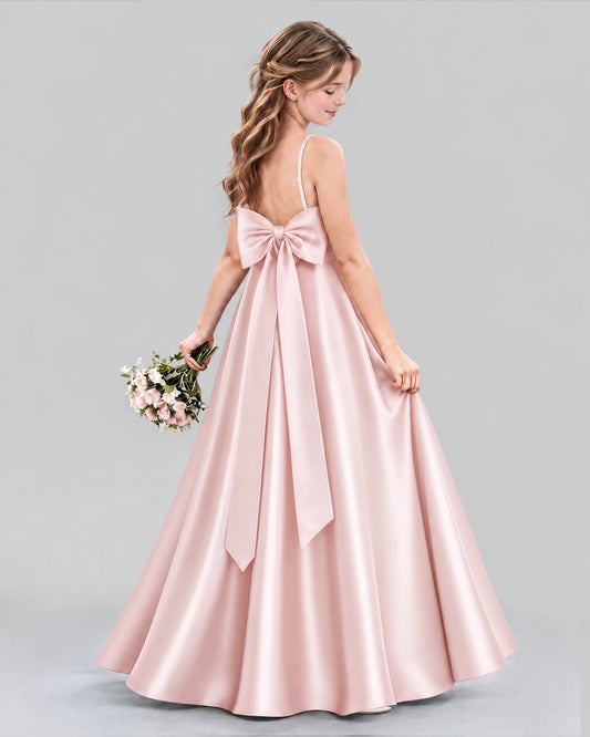 Blush Pink Satin A-line Girls Formal Dress Back View