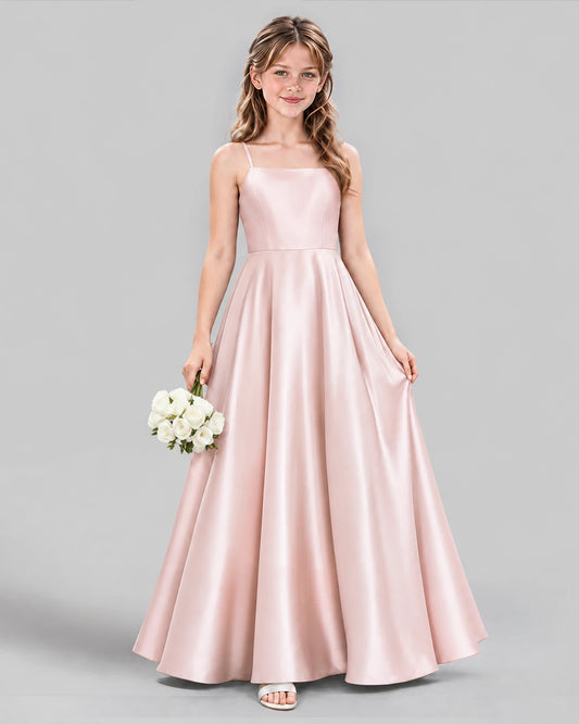 Blush Pink Satin A-line Girls Formal Dress Front View
