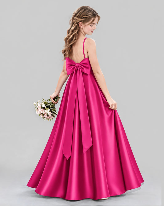 Hot Pink Satin A-line Girls Formal Dress Back View