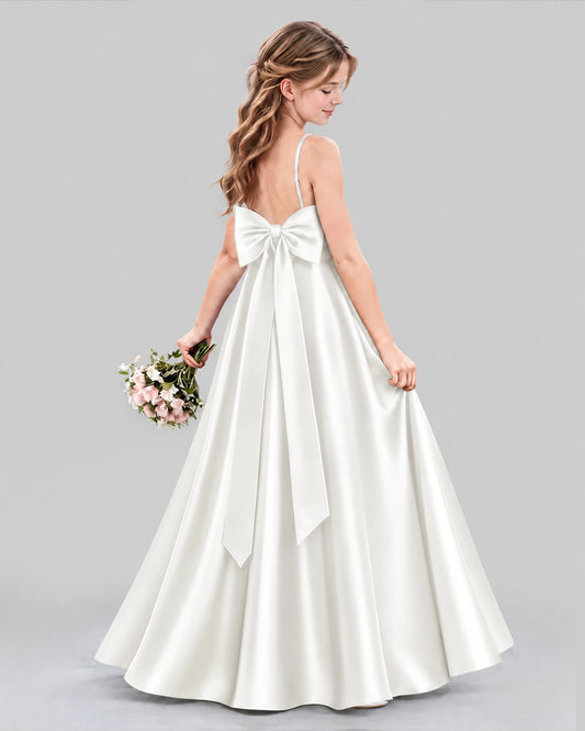 Ivory Satin A-line Girls Formal Dress Back View