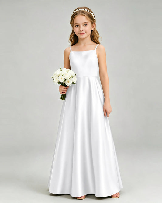 White Satin A-line Girls Formal Dress Front View