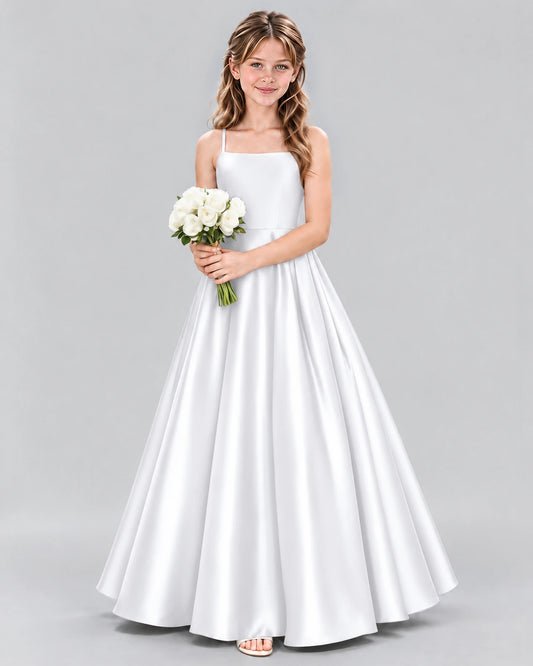White Satin A-line Girls Formal Dress Side View