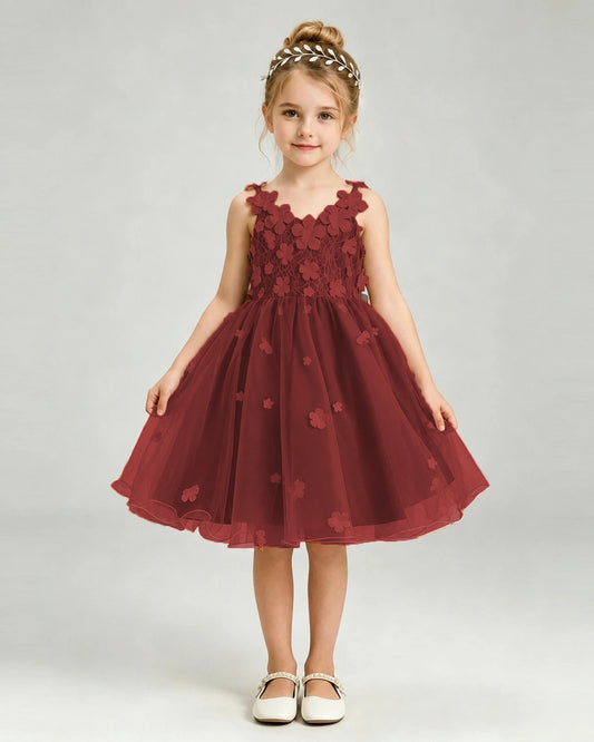 Burgundy Tulle A-line Girls Formal Dress Front View
