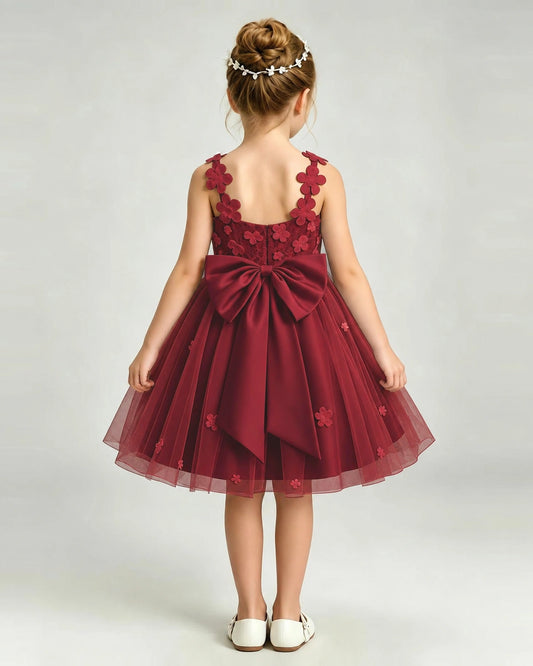 Burgundy Tulle A-line Girls Formal Dress Back View