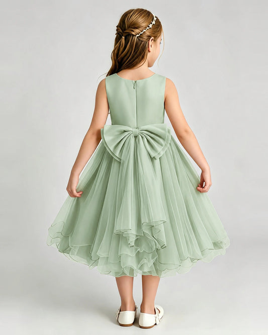 Sage Green Tulle A-line Girls Formal Dress Back View