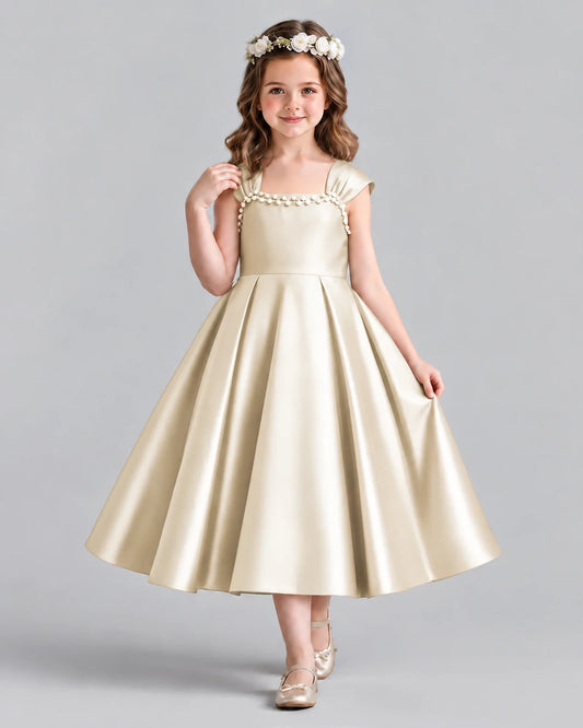 Champagne Satin A-line Girls Formal Dress Front View