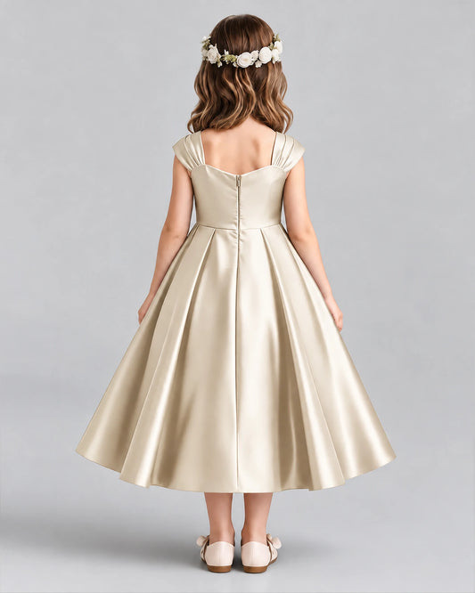 Champagne Satin A-line Girls Formal Dress Back View