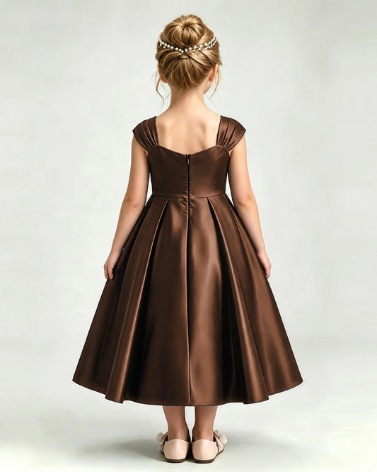 Chocolate Satin A-line Girls Formal Dress Back View