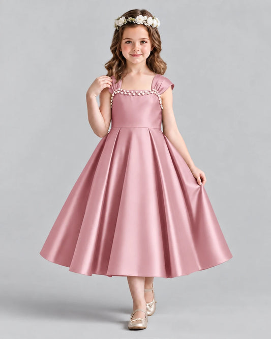 Dusty Rose Satin A-line Girls Formal Dress Front View