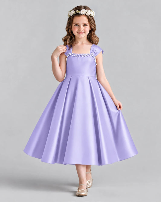 Lavender Satin A-line Girls Formal Dress Front View