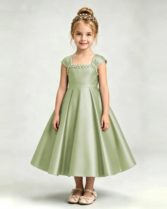Sage Green Satin A-line Girls Formal Dress Front View