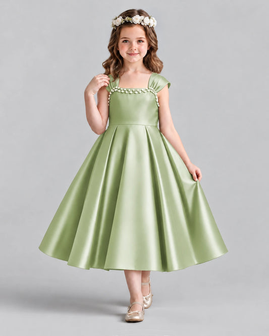 Sage Green Satin A-line Girls Formal Dress Front View