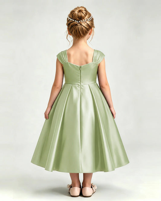 Sage Green Satin A-line Girls Formal Dress Back View