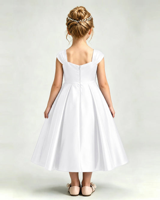 White Satin A-line Girls Formal Dress Back View