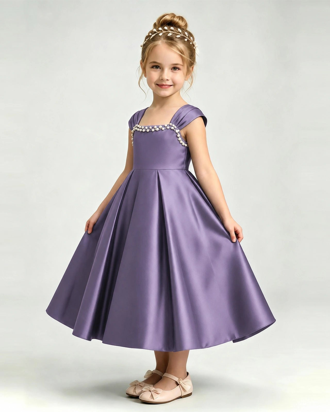 Dideyttawl Champagne Flower Girl Dress | Cap Sleeve Pearl Satin Midi Ball Gown