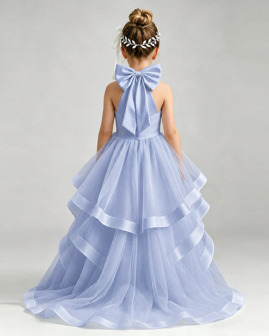 Dusty Blue Tulle Ball Gown Pageant Dress Back View