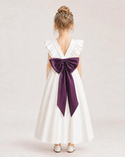 Grape Satin A-line Flower Girl Dress Back View
