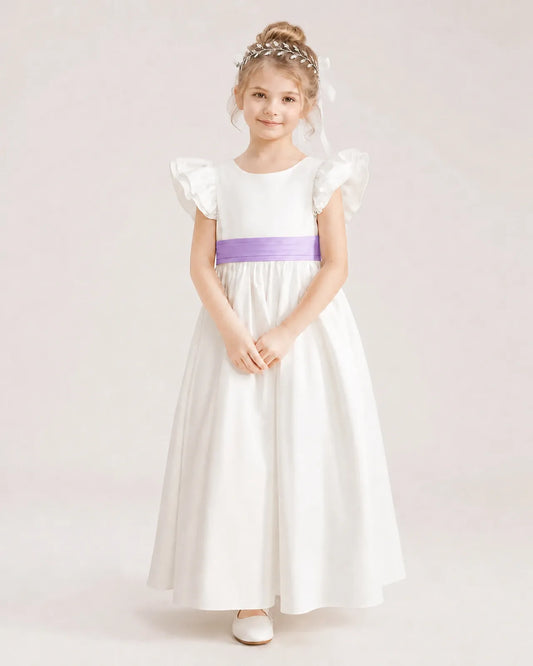 Lilac Satin A-line Flower Girl Dress Front View