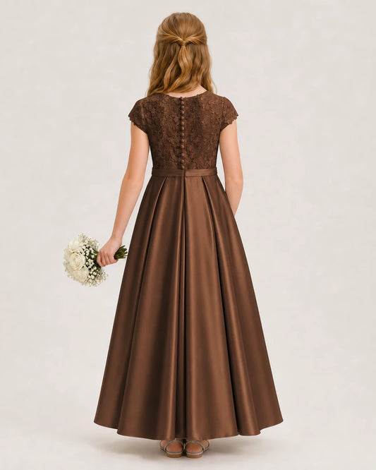 Chocolate Satin Lace A-Line Junior Bridesmaid Dresses Back View