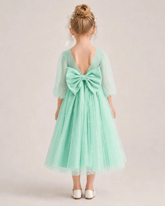 Turquoise Satin and Tulle V-Back Bow Flower Girl Dress Back View