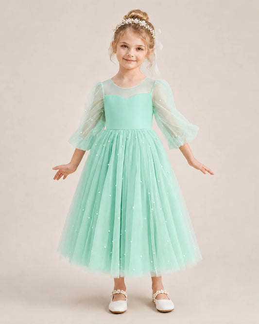 Turquoise Satin and Tulle Ball Gown Flower Girl Dress Front View