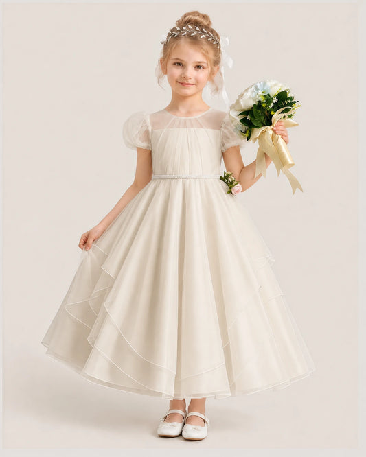 Dideyttawl Puff Sleeve Pearl Waist Tulle Flower Girl Dress