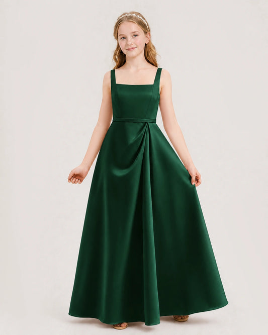 Dark Green Satin A-Line Junior Bridesmaid Dresses Front View