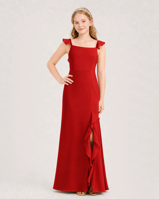 Red chiffon ruffle strap slit junior bridesmaid dresses Front View