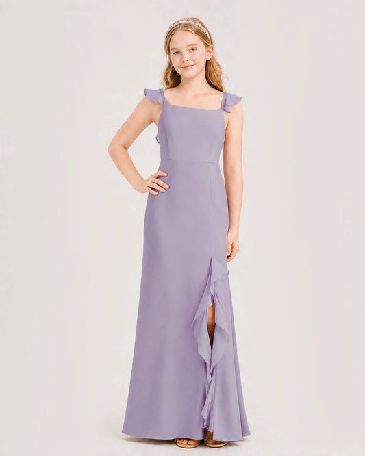Wisteria Chiffon Ruffle-Strap Junior Bridesmaid Dress Front View