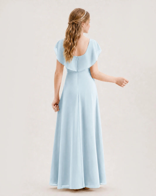 Dideyttawl Chiffon Junior Bridesmaid Dress with Capelet Flutter Overlay