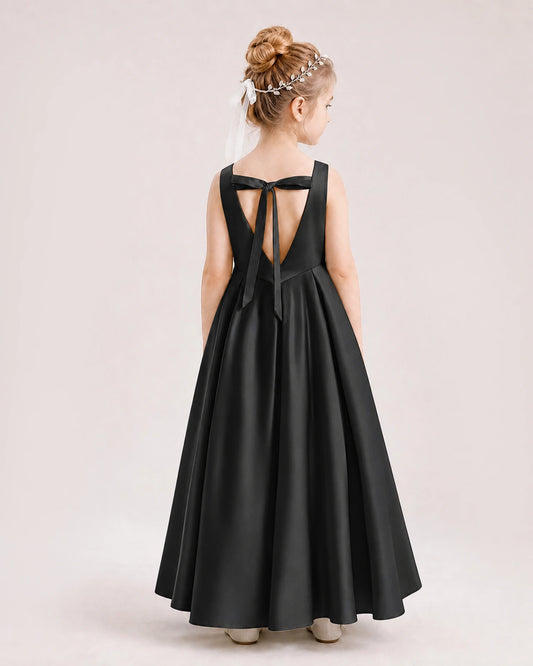 Black Satin A-line Flower Girl Dress Back View