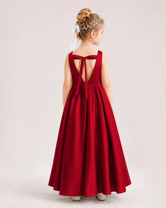 Burgundy Satin A-line Flower Girl Dress Back View