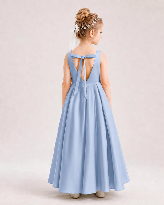 Dusty Blue Satin A-line Flower Girl Dress Back View