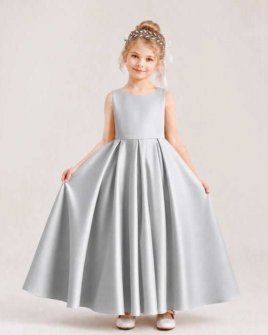 Silver Satin A-line Flower Girl Dress Front View